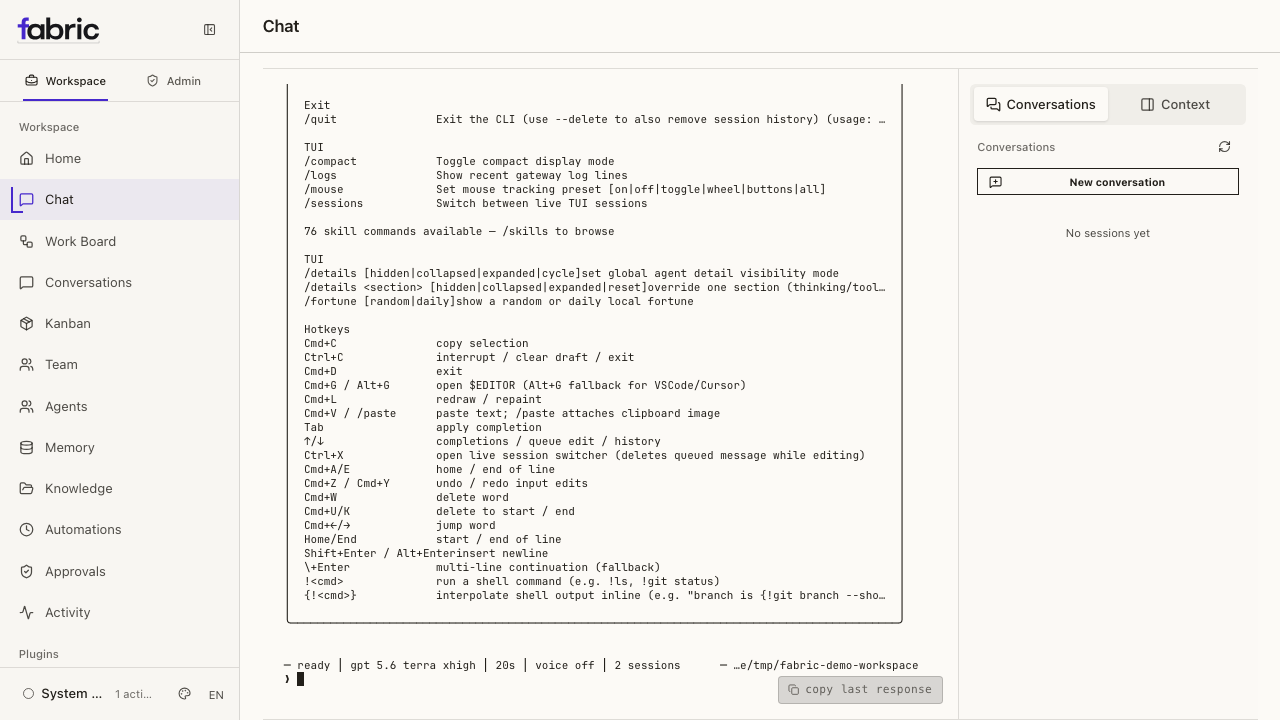 Fabric TUI showing command help and session status inside the Fabric Light dashboard