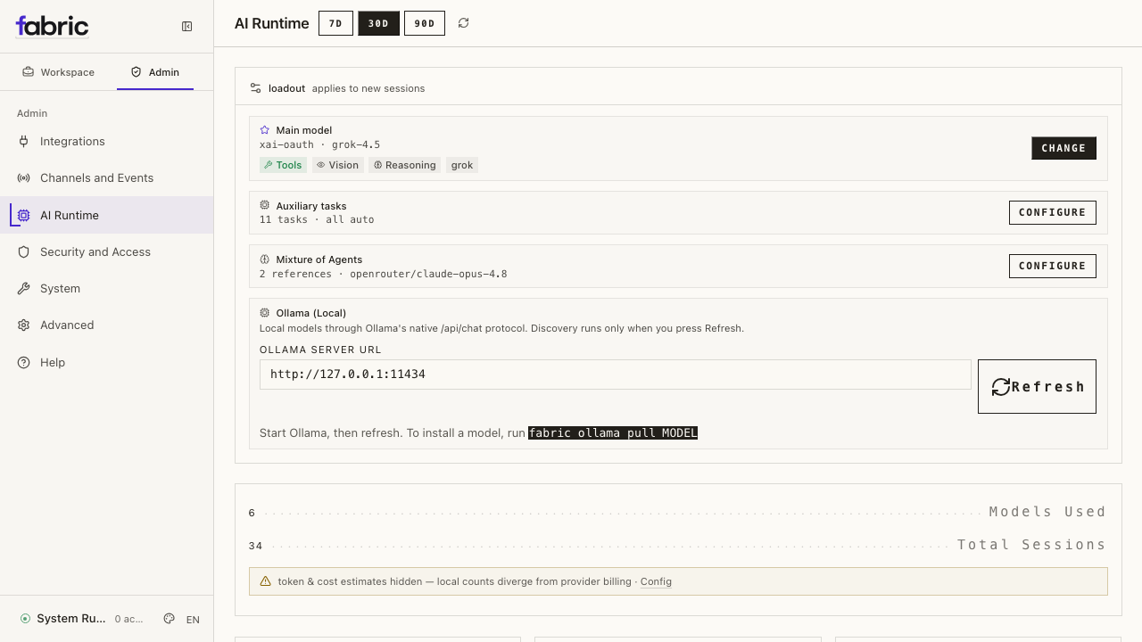 Fabric web dashboard showing a connected local Ollama model
